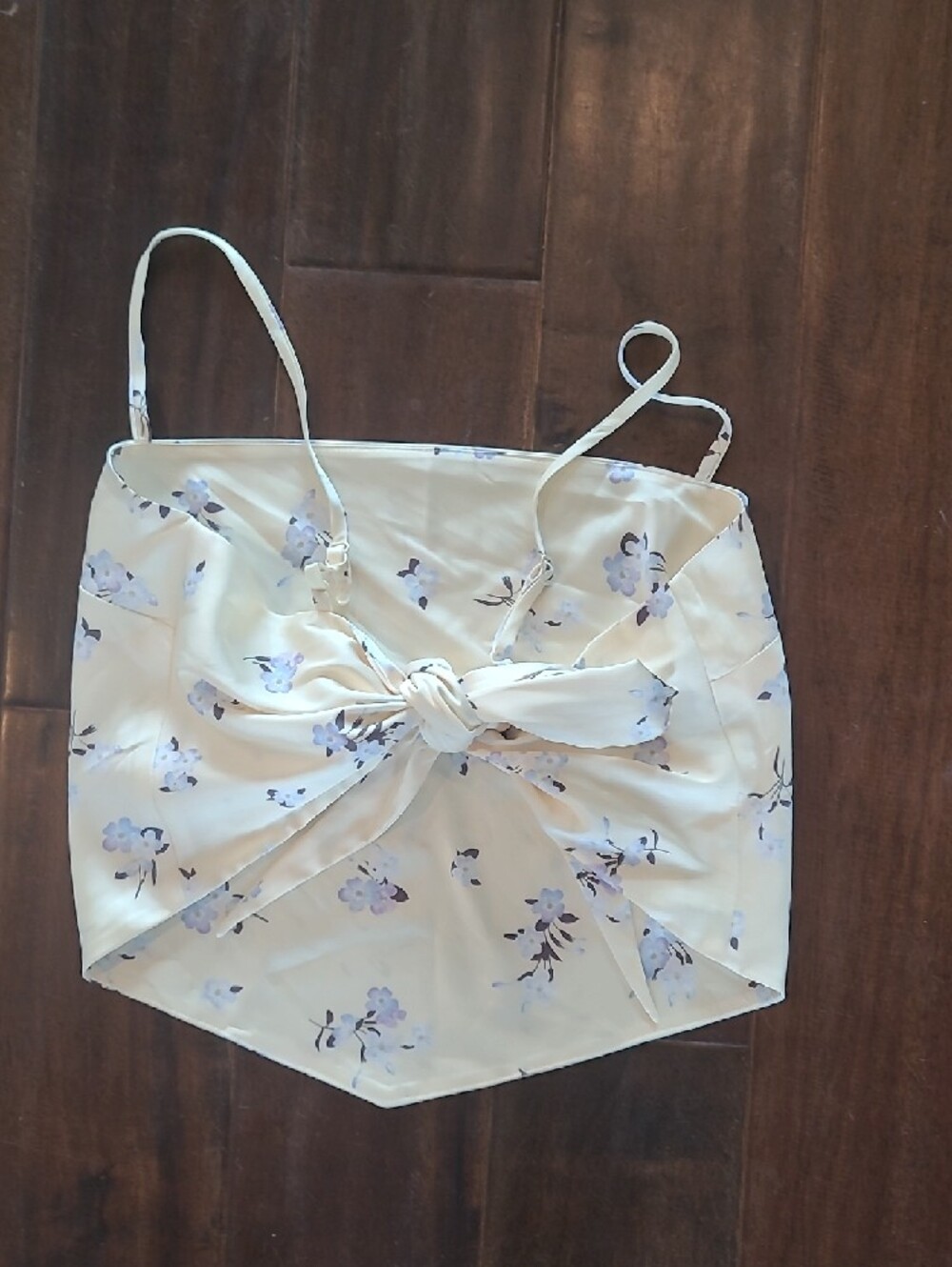 Aritzia Mellow Yellow Floral Satin Handkerchief Cami with Light Blue Flowers - Picture 2 of 4